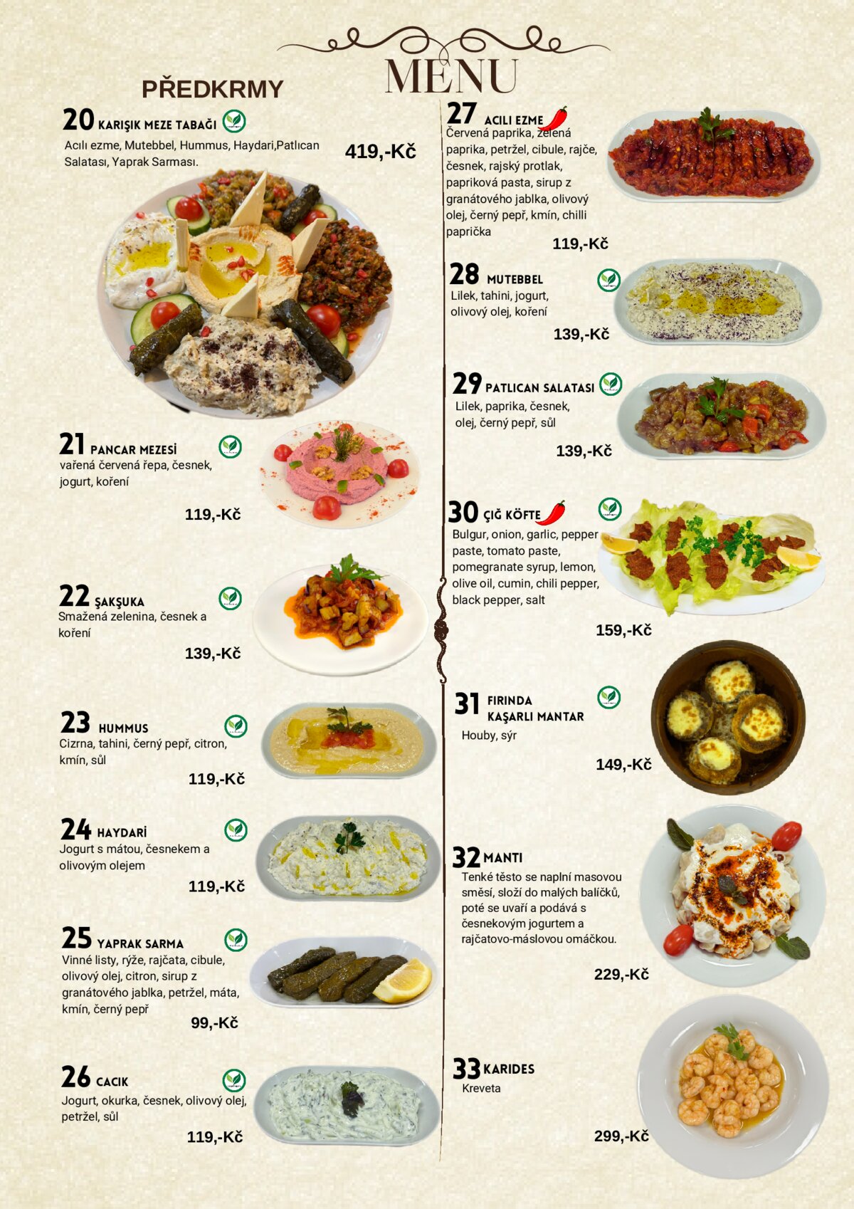 Mehmet Efendi menu — Předkrmy (Karışık Meze, Hummus, Manti, Karides)