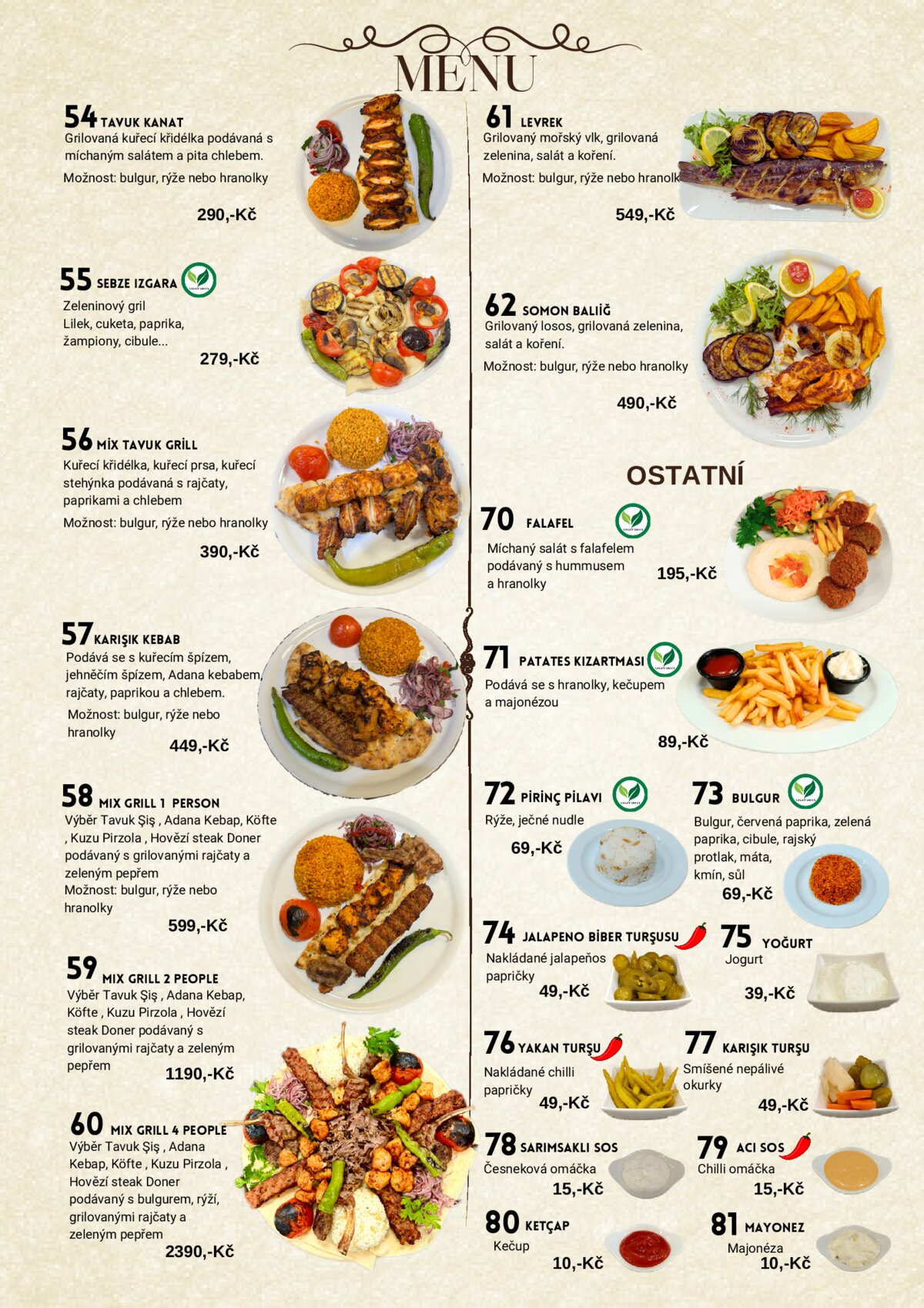 Mehmet Efendi menu — Mix Grill, Levrek, Somon a Ostatní přílohy