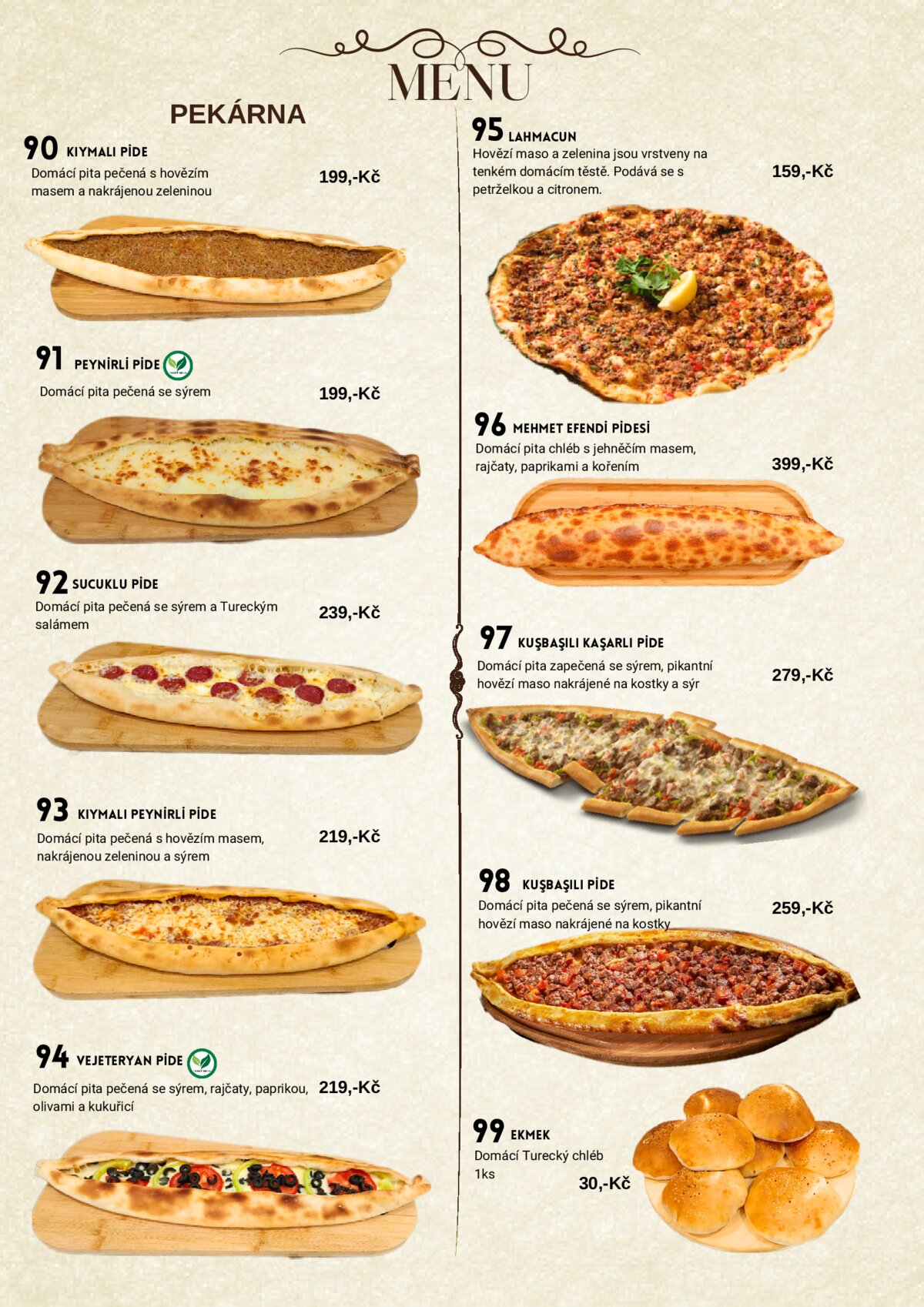 Mehmet Efendi menu — Pekárna (Pide, Lahmacun, Ekmek)