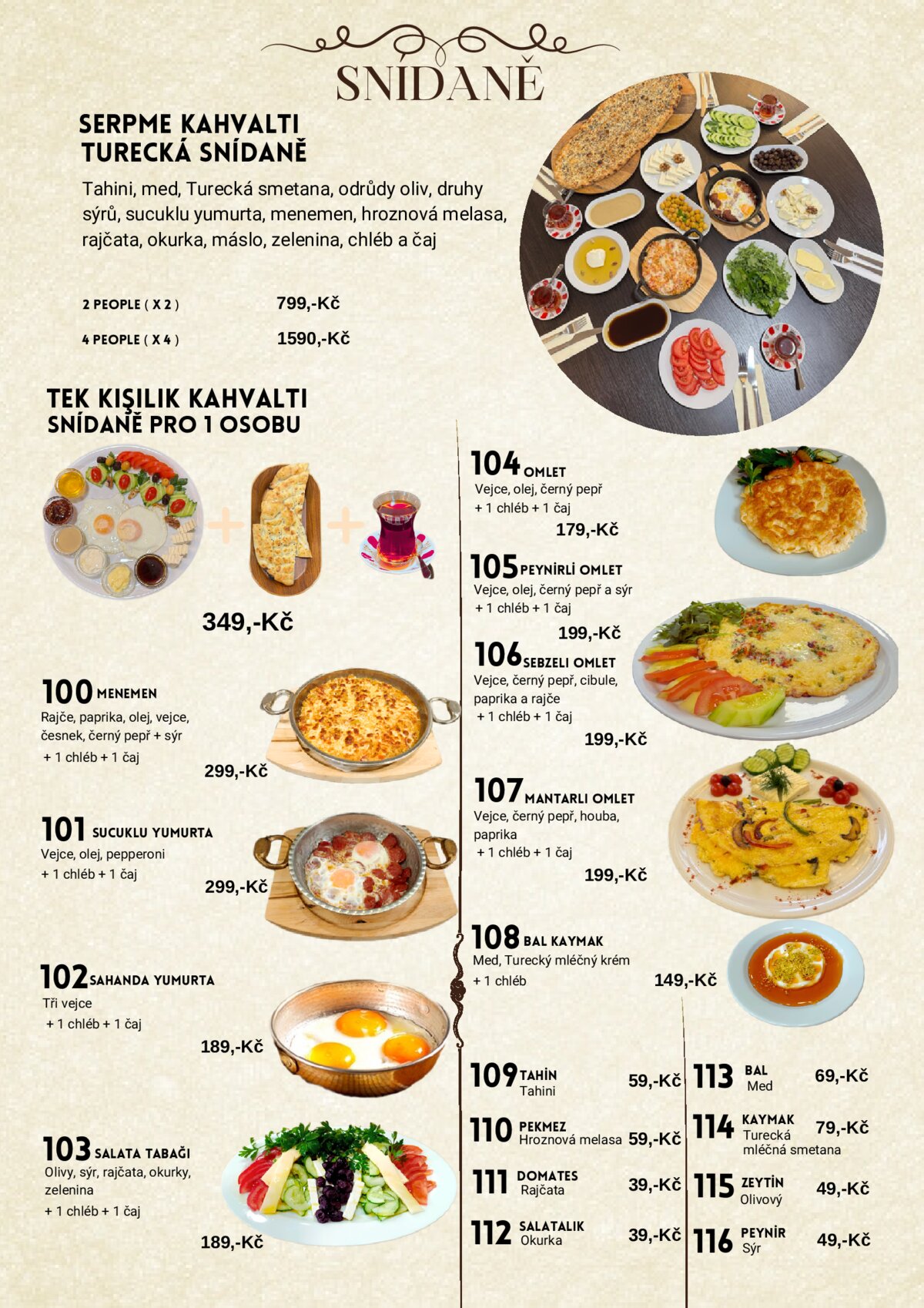Mehmet Efendi menu — Snídaně (Serpme Kahvaltı, Menemen, Omlety)