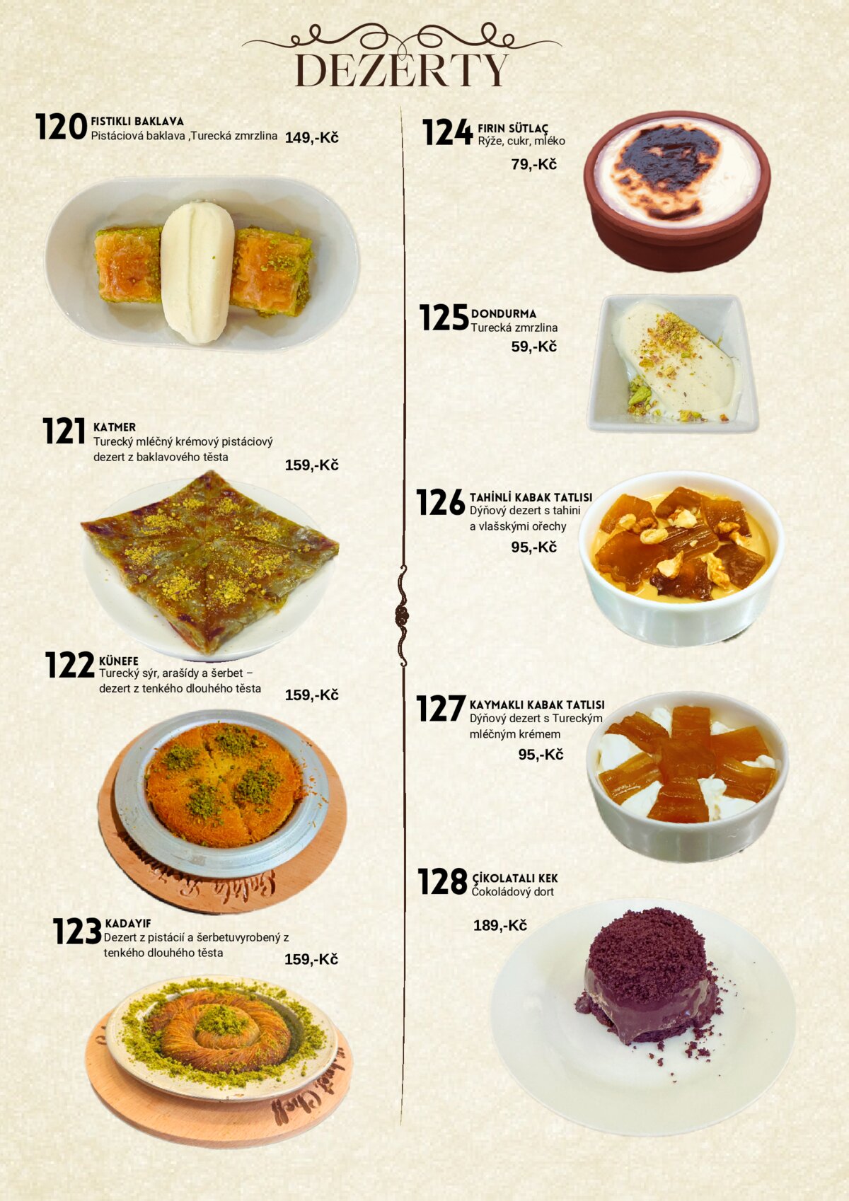 Mehmet Efendi menu — Dezerty (Baklava, Künefe, Kadayıf, Sütlaç)
