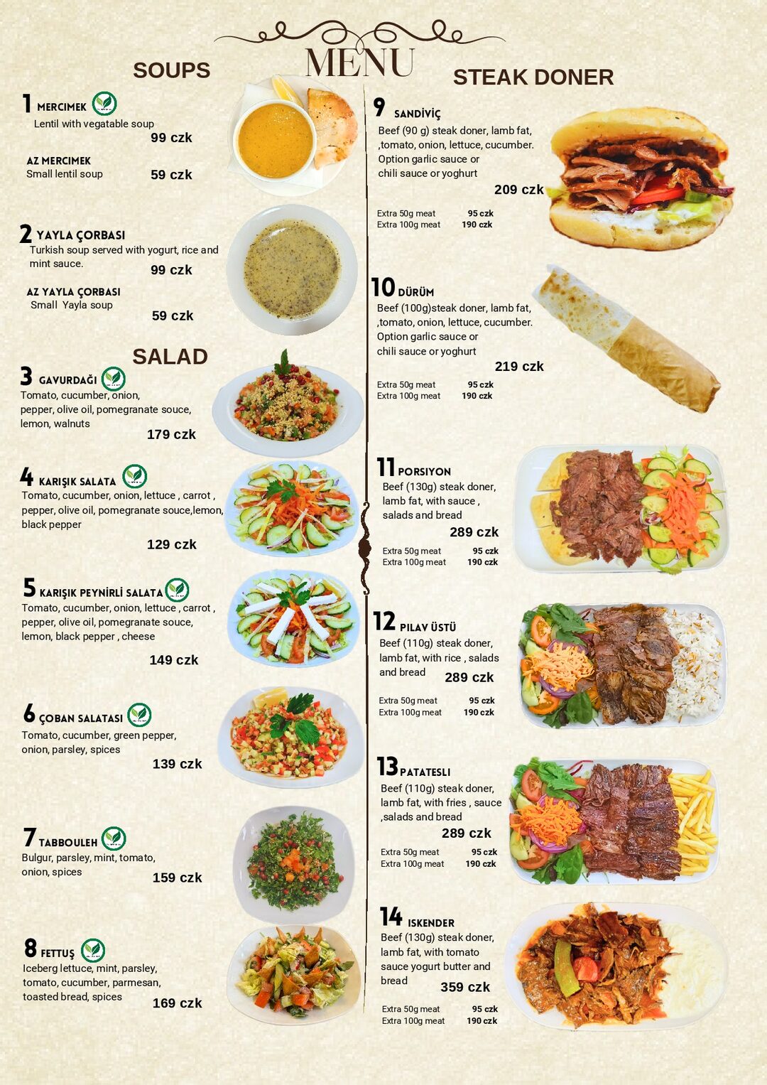 Mehmet Efendi menu — soups, salads and steak döner