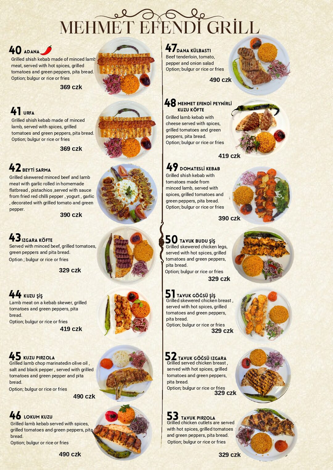 Mehmet Efendi menu — grilled kebabs and meat dishes